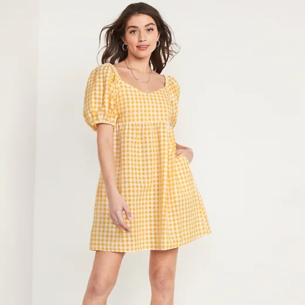 Yellow Gingham Puff Sleeve Dress